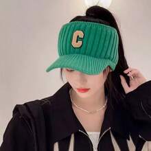 Damska składana dzianinowa czapka beanie z podszewką, akrylowa, nieelastyczna, z płaskim wierzchem, oddychający beret, wzór w paski, nieelastyczna, odpowiednia na każdą porę roku, motyw świąteczny - Wielokolorowy-C - Zobacz 5