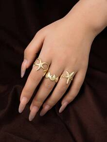 3pcs/Set Ocean Life Series Ring Set, Beach Style Starfish & Shell Design Gold Tone Rings For Women