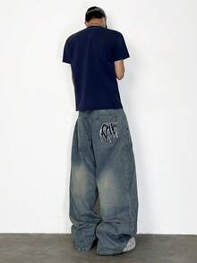 1 pezzo Jeans uomo a gamba larga stile retrò con ricamo di un marchio americano, pantaloni casual con vestibilità ampia e lunga (cintura e accessori non inclusi)