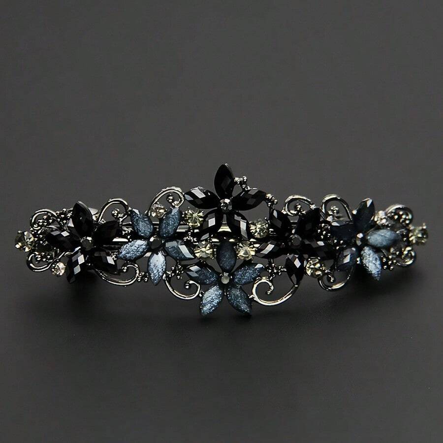 Vintage Five-Petaled Flower Spring Hairpin Rhinestone Back Brain With Bangs Side Clip Top Clip Women's Hair Accessories Elegant Decoration Christmas Mother's Day Birthday Gift - 1件藍黑色 - 查看 1