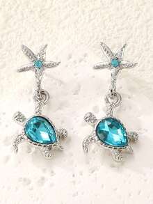 Beach-Style Fashionable Starfish & Blue Turtles Stud Earrings For Women, Perfect For Summer Ocean-Themed Accessories - 銀色 - 查看 3