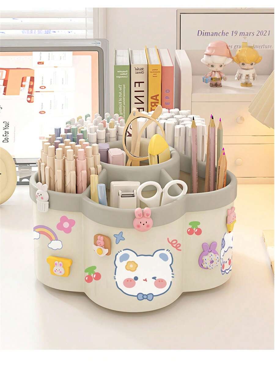 1pc Rotating Pen Holder Organizer, High Capacity, Compartments, Suitable For Student, Children Desk, Creative Pen Rack, Minimalist Design (Random Sticker Pattern)