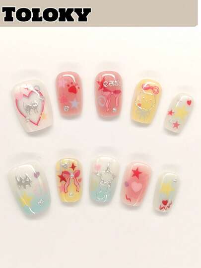 10pcs Handmade Press On Nails Short Nails Square Nails Tips Pink Star Cute Hand-Painted With 3pcs Nail Art Tools Nail Glue Nail Supplies Fake Nails For Women And Girls To Party Travel Daily School White Yellow Dog Paw Press On Nails Halloween Cat Dog Bows Loving Heart Press On Nail Charms Press On Nails Short Fake Nails Nail Accessories Nail Art