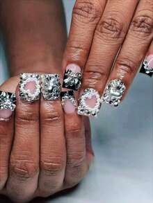 Y2K 24Pcs Set French Style Black & White Tie Dye Polka Dot Press-On Nails, Reusable, With Bowknot, Star Rhinestones, Cute & Chic, Suitable For Dates, Spring, New Year, Christmas, Daily, Birthday, Festival, Spring/Summer New Arrival Nail Supplies Nails - 黑白3 - 查看 2