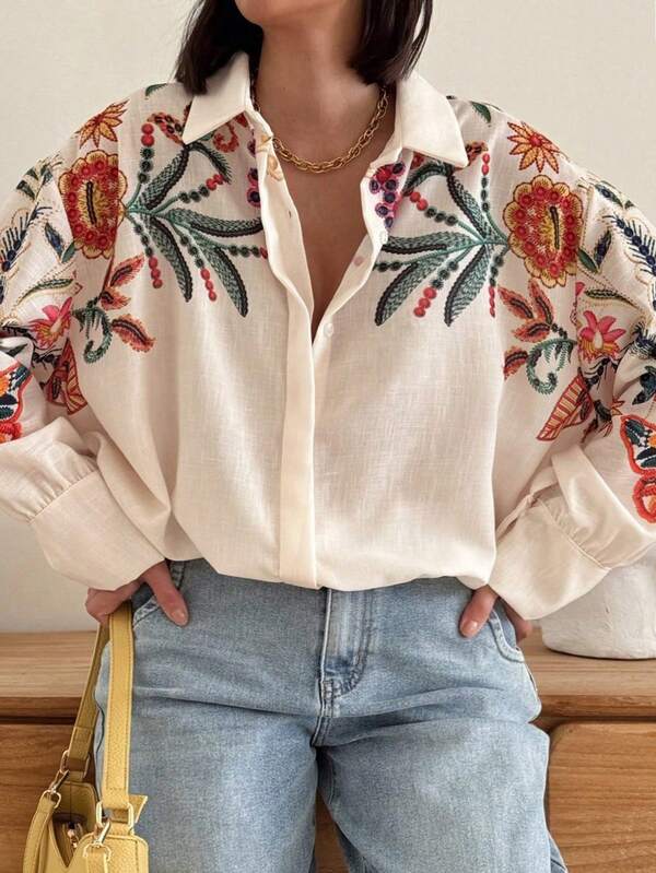 Koszula damska w dużym rozmiarze, luźna, z długim rękawem, w stylu vintage, z kwiatowym nadrukiem, wygodna, na co dzień, wiosna/lato/jesień