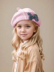 1pc Girls' Plaid Bow Knitted Beret Hat, Beige