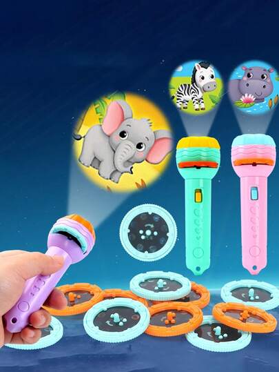 投影仪幻灯片投影仪儿童发光手电筒益智玩具宝宝趣味投影灯礼品套装（手电筒、幻灯片投影仪颜色随机）