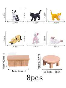 6件/8件仿真猫迷你雕塑摆件小摆件微景观迷你配件娃娃屋DIY可爱桌面摆件家居装饰 - 彩色 - 查看 9