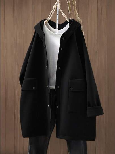 Women's Casual Minimalist Solid Color Pocket Front Button Hoodie Jacket, Daily Wear