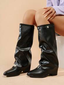 Women's Pointed Toe Ruched Chunky Heel Ankle Boots, Women's Fashion Party High Chunky Heel Boots Western Style Buckle Holiday Black Boots Retro Western Cowboy Boots Women's Mid-Calf Boots Riding Boots Pants Boots Belt Buckle Round Toe Chunky Heel Knee High Riding Boots