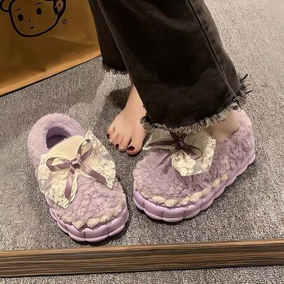 1 Pair Women's Bowknot Slippers, Warm And Non-Slip Indoor Home Slippers For Winter, 20125 New Plush Slippers,Cute Stuff