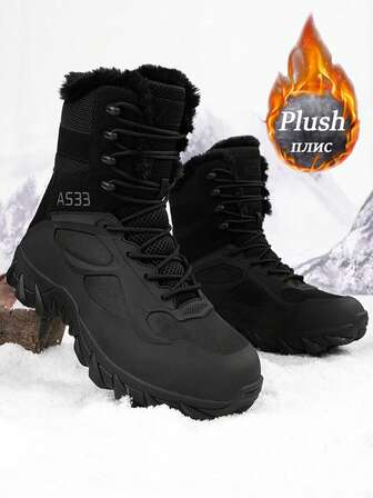 冬季加厚绒面男士雪地靴，高品质防滑男士徒步靴，2025新款加大码鞋，耐穿防滑徒步鞋，作战训练靴，高帮男士秋冬靴，男士户外徒步鞋，运动休闲鞋，长筒靴，黑色靴子，灰色靴子，沙色靴子，棕色靴子，男士骑行靴，适合秋冬季寒冷天气，尺码39-47（不规则图案）