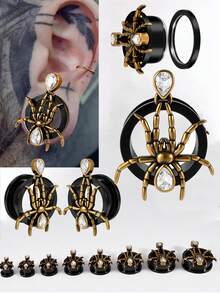 1PAIR Retro Copper Spide Whith Rhinestone Ear Tunnels&Plugs Expander Weight Ear Gauges Stretchers Earring Black Surgical Steel Pulley Saddle Body Jewelry Unisex Punk&Vintage In Daily Life - 1 Pair Of Spider Pulley Ear Expansion - View 1