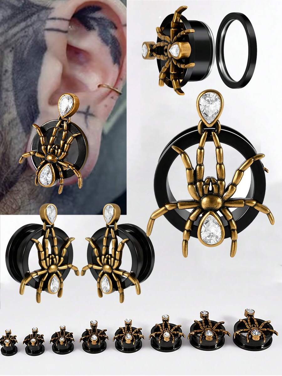 1PAIR Retro Copper Spide Whith Rhinestone Ear Tunnels&Plugs Expander Weight Ear Gauges Stretchers Earring Black Surgical Steel Pulley Saddle Body Jewelry Unisex Punk&Vintage In Daily Life - 1 Pair Of Spider Pulley Ear Expansion - View 1