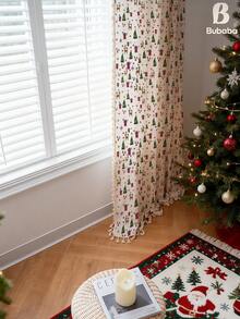 Bubaba 1 pieza Cortina con diseño de árbol de Navidad y reno estilo americano, material de poliéster con borlas beige, adecuada para decoración navideña en dormitorio, cocina, comedor, hotel, fiesta, todo el año