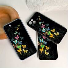 Simple Cartoon Butterfly Print Cube Edge Phone Case For IPhone 16 15 14 13 12 11 X XR Xs Plus Pro Pro Max PC Material Scratch-Resistant Lightweight Fashion Gift Choice - Light Blue - View 1