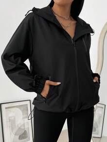 Outdoor Sports Windbreaker Jacket, Solid Color Fashion Versatile Hooded Zipper Design, Hook And Loop Cuffs, Suitable For Daily Wear, Hiking, Sports - Black - View 4