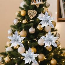 Flores de Nochebuena brillantes, flores artificiales navideñas con tallos para árbol, jarrón, centros de mesa, decoración navideña para fiestas y hogar - Plateado - Ver 4