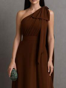 Bridesmaid Dress, Prom, Nude Rose, Terracotta, Serenity, Olive, Black Or Fuchsia, One-Shoulder Bow, Matte - 鏽棕色 - 查看 3