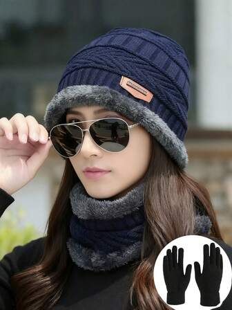 3 Pieces Winter Knitted Hat Bean Hat Optional Neck Warmth Scarf And Glove Elastic Double Layer Warmth Combination Suitable For Winter Warmth, Christmas Gifts, New Year Gifts, Outdoor Warmth Winter Gear
