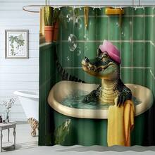 1Pc 71x71 Inches, 12 Hooks Included, Alligator In Bathtub Shower Curtain With Whimsical Realistic Design - Alligator With Pink Shower Cap In Green Bathroom Print, Polyester Fabric, Perfect For Those Who Love Whimsical Bathroom Decor, Bathroom Decor | Whimsical Realistic Style | Polyester Curtain, Shower Curtains For Bathroom, Add A Whimsical Realistic Touch To Your Bathroom, Easy Installation - Xanh lá cây 331 - Xem 1
