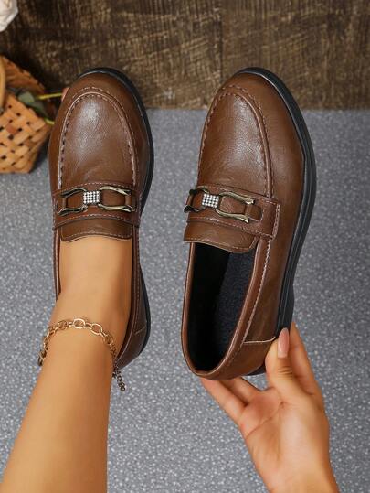 Women's Fashion Metal Buckle Slip-On Shoes, New Brown Casual Shoes For Spring & Autumn