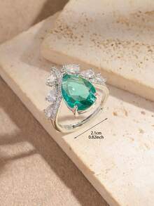 1 Stück verstellbarer Kupferring mit weißer Goldplattierung und Zirkonia-Diamanten, luxuriöser tropfenförmiger offener Ring, Kronenring, geometrischer Ring, Paraiba-Turmalin-Ring, Geschenk zu Feiertagen/Geburtstag