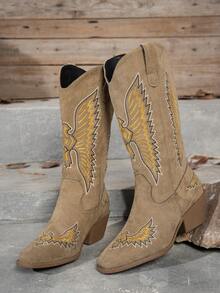 Botas Casuais de Cano Médio Estilo Ocidental com Bordado de Chama Femininas, Parte Superior de Couro Camurça, Salto Grosso, Slip-On, Cor Cáqui, Outono/Inverno