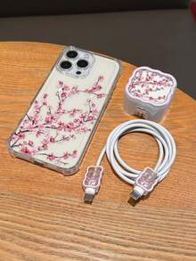 4-In-1 Set (1pc Shockproof Phone Case + 1pc UK Plug Charger Wave Pattern Protector + 2pcs Data Cable Wave Pattern Protectors) UV Painted Pink Plum Blossom Pattern Suitable For UK Standard Apple 17/17Pro/17ProMax/Air/16/16Pro/16ProMax/16Plus/7/8/7P/8P/X/XS/XR/XSMax/11/11Pro/11ProMax/12/12Pro/12ProMax/13/13Pro/13ProMax/14/14Pro/14Plus/14ProMax/15/15Pro/15Plus/15ProMax - Multicolor - View 1