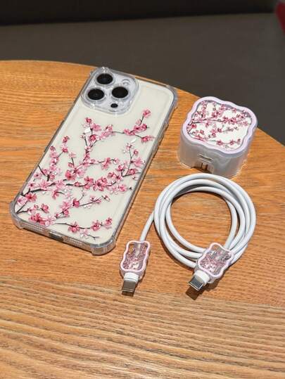 四合一套装（1个防震手机壳 + 1个英规插头充电器波浪纹保护套 + 2个数据线波浪纹保护套），UV喷绘粉色梅花图案，适用于英国标准苹果17/17Pro/17ProMax/Air/16/16Pro/16ProMax/16Plus/7/8/7P/8P/X/XS/XR/XSMax/11/11Pro/11ProMax/12/12Pro/12ProMax/13/13Pro/13ProMax/14/14Pro/14Plus/14ProMax/15/15Pro/15Plus/15ProMax