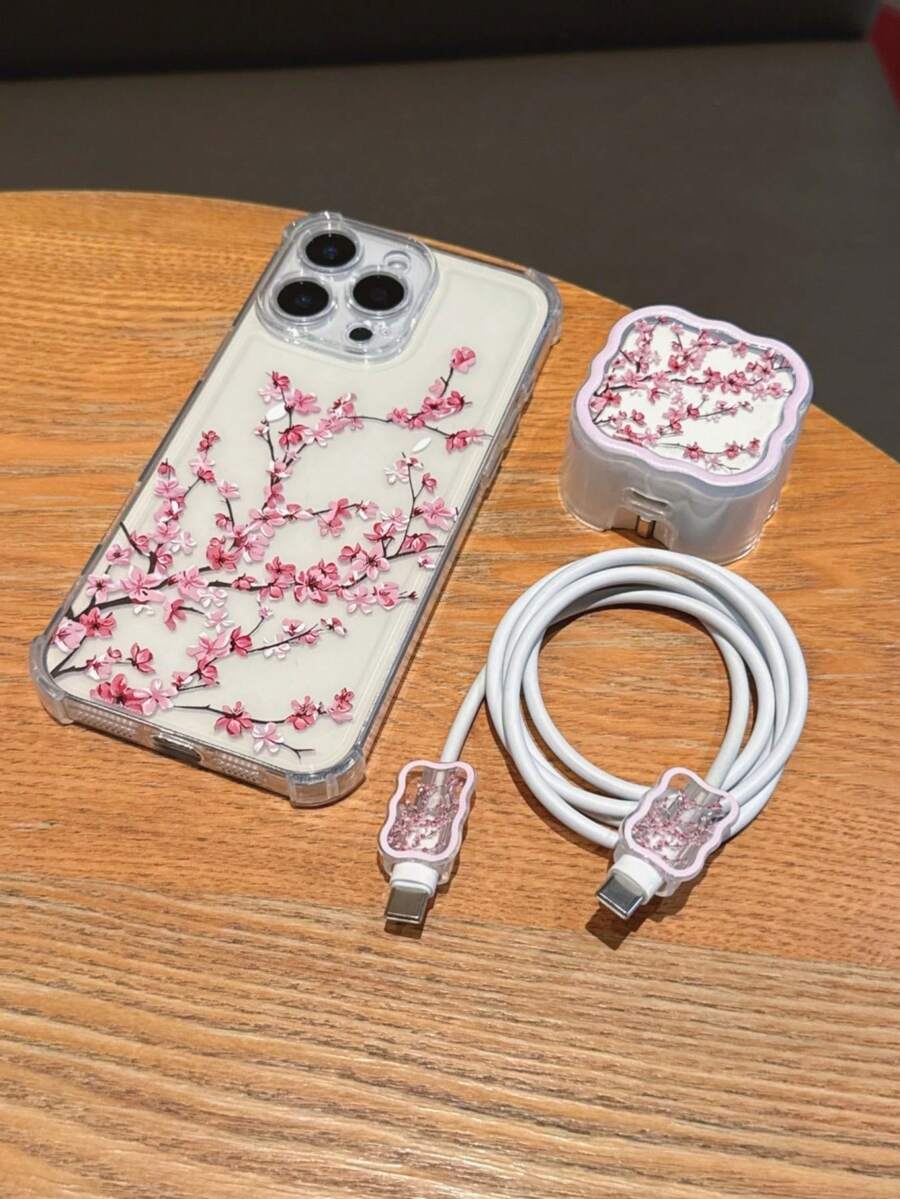 4-In-1 Set (1pc Shockproof Phone Case + 1pc UK Plug Charger Wave Pattern Protector + 2pcs Data Cable Wave Pattern Protectors) UV Painted Pink Plum Blossom Pattern Suitable For UK Standard Apple 17/17Pro/17ProMax/Air/16/16Pro/16ProMax/16Plus/7/8/7P/8P/X/XS/XR/XSMax/11/11Pro/11ProMax/12/12Pro/12ProMax/13/13Pro/13ProMax/14/14Pro/14Plus/14ProMax/15/15Pro/15Plus/15ProMax - Multicolor - View 1