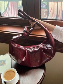 Burgundy Vintage Oiled Wax Leather Shiny PU Leather Pleated Shoulder Bag, Casual Versatile Women's Crossbody Bag, Large Capacity, Suitable For Daily, Commuting, Dating, Shopping, Crescent-Shaped