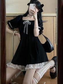 1pc Japanese Style Bow Tie Campus Cosplay Outfit, Lolita Puff Sleeve Cute Girl JK Mini Black Dress With Lace Trim, Suitable For Photo Shoot, Graduation, Garden Date, Romantic Dinner, Club, Costume Party, Valentine's Day