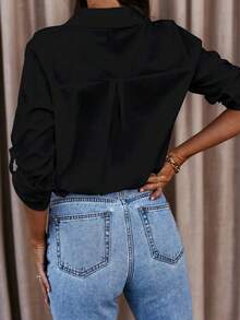 Plus Size Casual Solid Color Fashionable Women's Lapel Button Up Shirt - màu đen - Xem 2