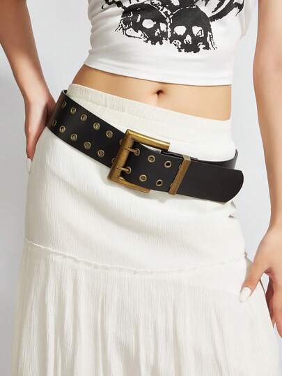 1 件女士纯色休闲复古宫廷风格派对性感街头优雅优雅 PU 皮革西式青铜扣绒面革宽腰带，适合所有季节