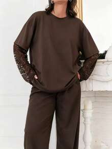 Camiseta de manga larga con parches de encaje para mujer de talla grande, cómoda y elegante para uso diario, ir al trabajo, volver al colegio, festivales de música - Café integral - Ver 3