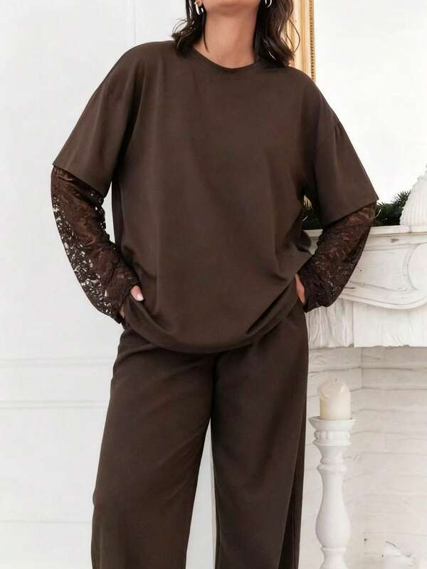 Damska, luźna, koronkowa, patchworkowa koszulka z długim rękawem w dużym rozmiarze, wygodna i elegancka, idealna na co dzień, do pracy, do szkoły, na festiwal muzyczny