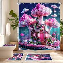 Juego de 1/4 piezas de cortina de ducha con estampado de castillo de setas rosas, cortina de ducha impermeable con ganchos, alfombra antideslizante, alfombra para tapa de inodoro y alfombra en forma de U, juego decorativo completo para el baño, accesorios de baño