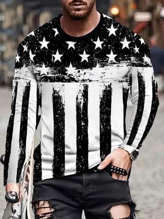 Men's 3D Full Star Striped Printed Loose Long Sleeved T-Shirt Casual Round Neck All Season Comfortable Men's Autumn And Winter Top