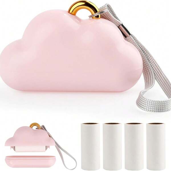 5pcs Cloud Shaped Mini Lint Roller - With Handle Portable Lint Remover - 1 Lint Roller + 4 Refill Rolls - Pink Travel Pouch Accessory - Autumn/Winter Fuzz Removal Tool For Pet Hair, Clothing And Fabrics
