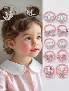 10 件/套儿童女孩闪亮水钻皇冠、蝴蝶、心形、兔子设计发饰、公主发夹、松紧发带、小女孩可爱发夹发带