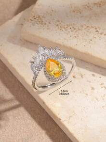 1 Stück verstellbarer Kupferring mit weißer Goldplattierung und Zirkonia-Diamanten, luxuriöser tropfenförmiger offener Ring, Kronenring, geometrischer Ring, Paraiba-Turmalin-Ring, Geschenk zu Feiertagen/Geburtstag