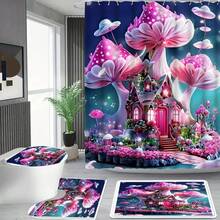 Juego de 1/4 piezas de cortina de ducha con estampado de castillo de setas rosas, cortina de ducha impermeable con ganchos, alfombra antideslizante, alfombra para tapa de inodoro y alfombra en forma de U, juego decorativo completo para el baño, accesorios de baño