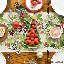 Mantel de mesa de Navidad con acuarela de acebo, decoración de mesa de cocina y comedor de temporada de invierno y vacaciones para uso en interiores y exteriores en fiestas en el hogar