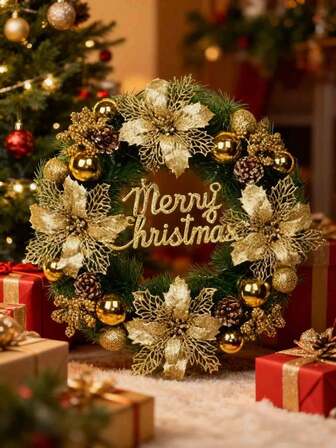 1pc Creative Christmas Colorful Ball Wreath, Realistic Flower Merry Christmas Pine Needle Wreath, Suitable For Christmas, Halloween, Party, Festival, Indoor Wall Hanging Piece, Festival Decoration Set Christmas Decorations Home Christmas Gifts Christmas Decor
