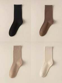 4双装女士无缝棉混纺弹力中筒袜，休闲日常穿着，春秋季 - 彩色 - 查看 9