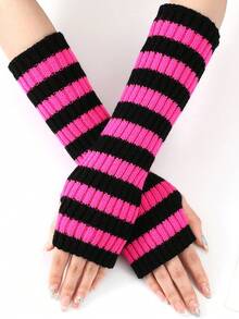 Women's Striped Knitted Fingerless Gloves, New Autumn/Winter Mid-Length Warm And Fashionable Arm Sleeves