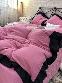 Set Sprei Lembut 3 Buah (1 Sarung Selimut + 2 Sarung Bantal), Warna Krem Merah Muda dengan Hiasan Rumbai, Cocok untuk Kamar Tidur & Kamar Tamu, Sepanjang Musim, Dapat Dicuci dengan Mesin - Hot Pink - View 5