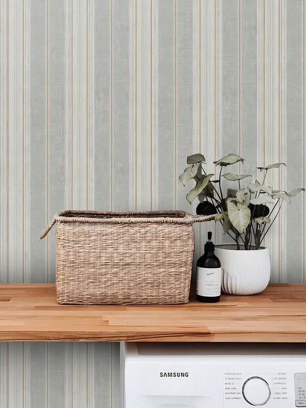 1 Roll 45cm X 200cm/300cm/500cm Peel And Stick Wallpaper, Modern Minimalist Striped Pattern, Gray And Beige, PVC Material, Suitable For Bathroom, Vanity, Bedroom, Closet, Entryway Decor