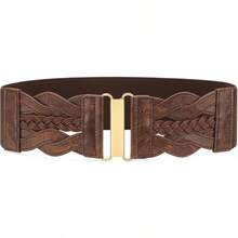 Vintage Stretchy Wide Elastic Belt With Gold Buckle For Women - 復古咖啡 - 查看 1